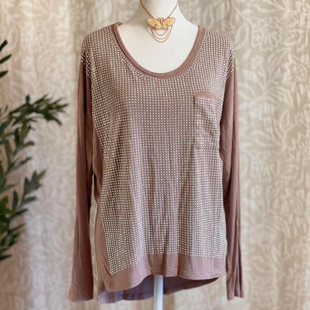 Vtg Y2K Alberto Makali Taupe Rhinestone Studded Long Sleeve Stretch Shirt Size M